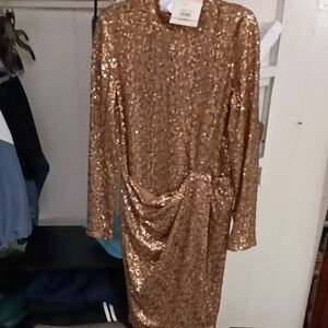 Anne Klein Gold Sequin Long Sleeve Midi Dress